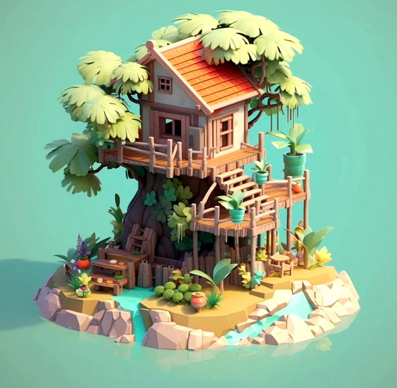 一组带有梦幻色彩树屋,是想象中的样子,by midjourney.