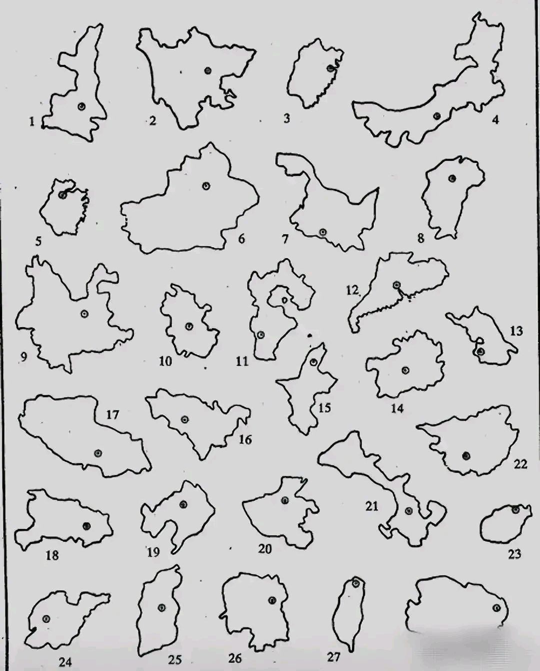 我国各省份的轮廓图你能认识几个?11河北,能认出15个以上算合格