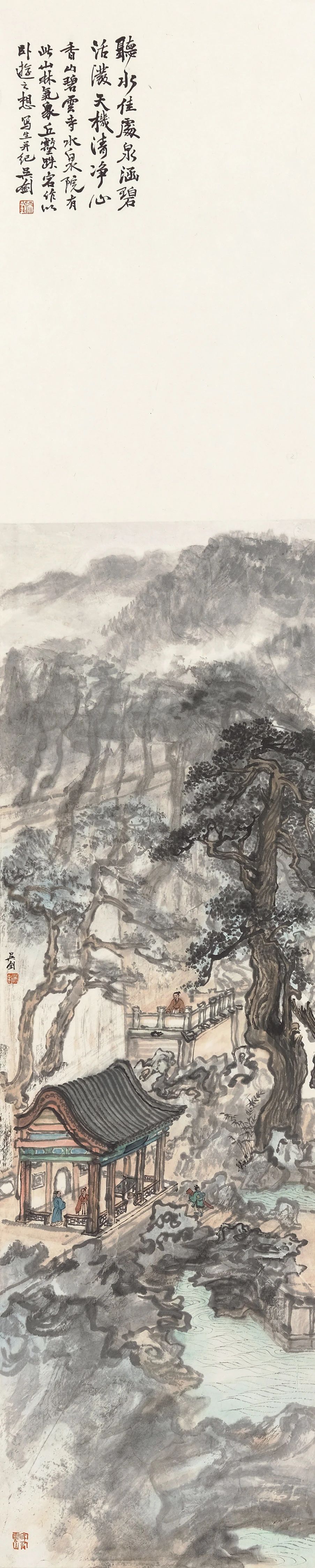 吴钊·碧云寺写生 纸本设色-100x21cm-2023 诗堂:听水佳处泉涵碧,活泼