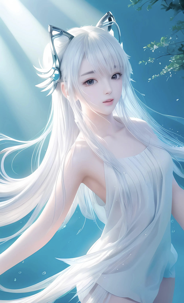 白发白衣白裙的美少女