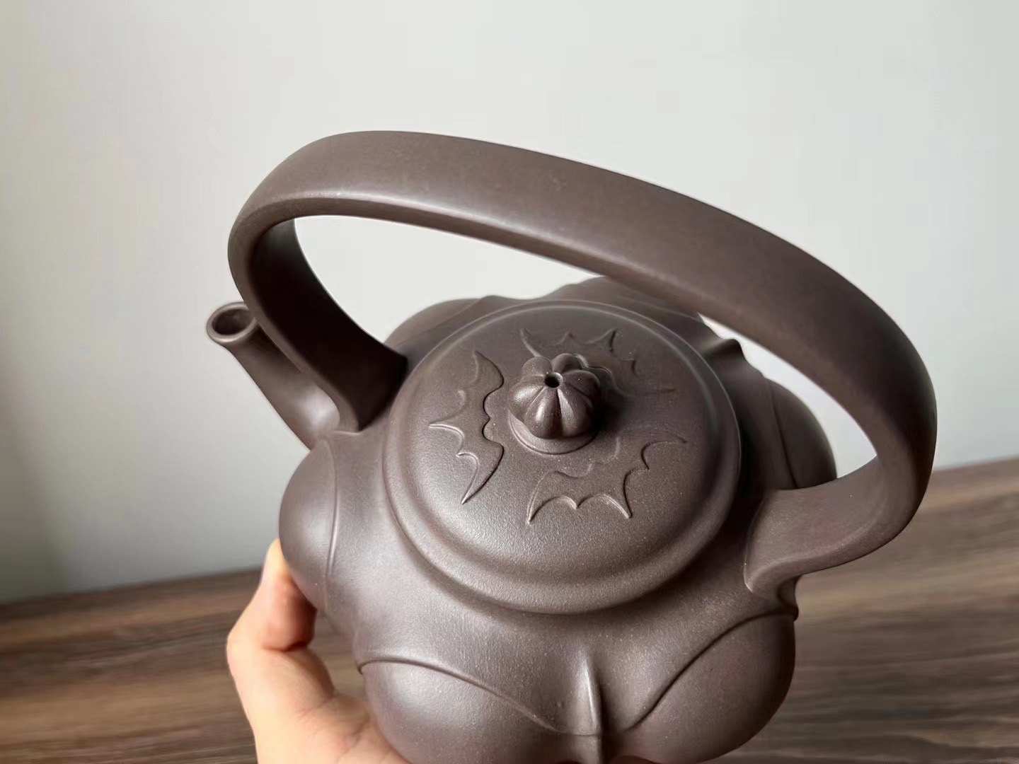 宜兴紫砂壶潘洪强全手工纳福提梁原矿天青泥500cc