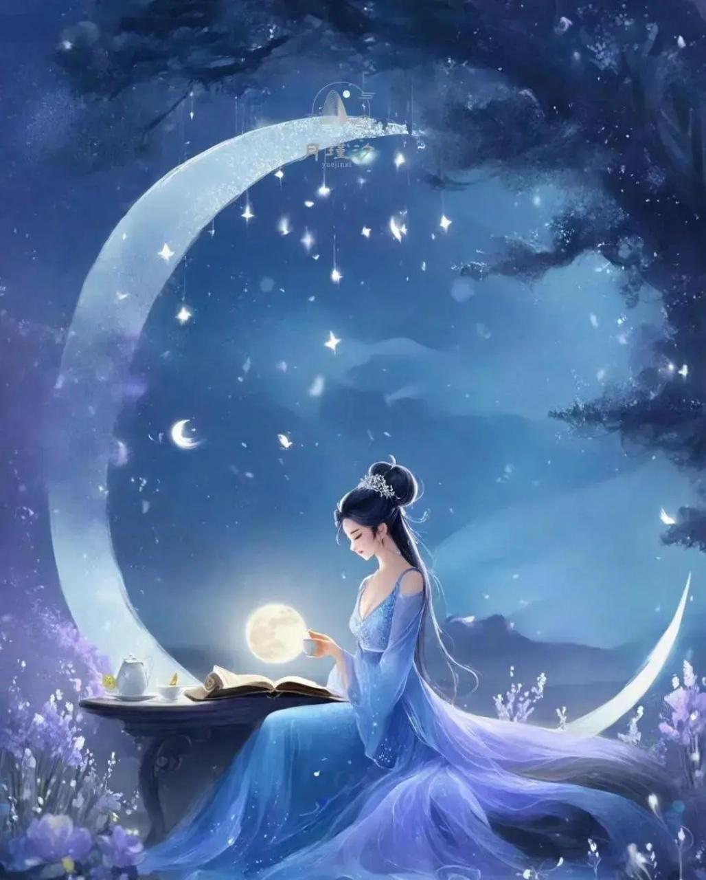 蓝色系古风插画分享,清冷美人