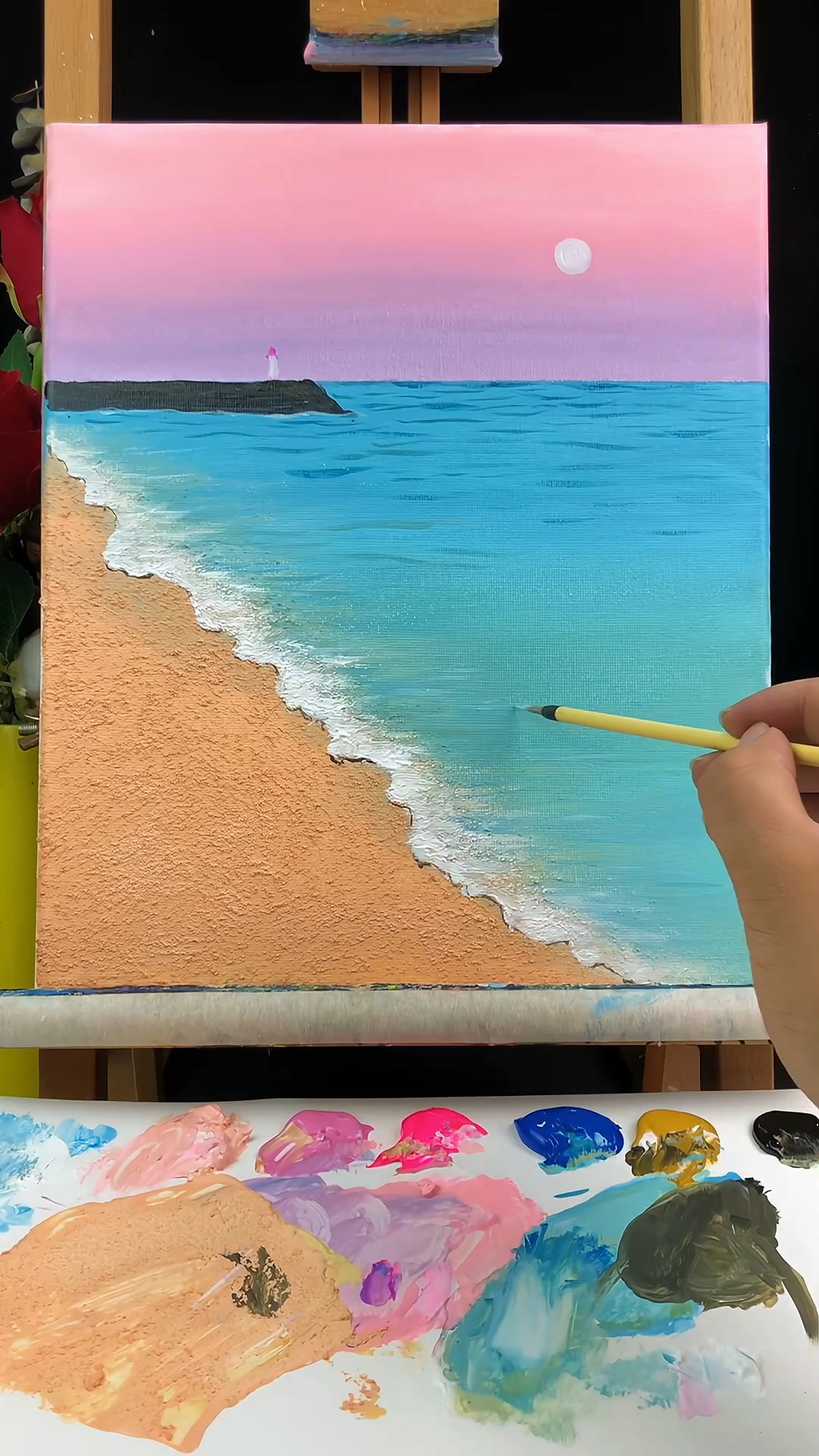 丙烯画|肌理画教程|夕阳下的海岸