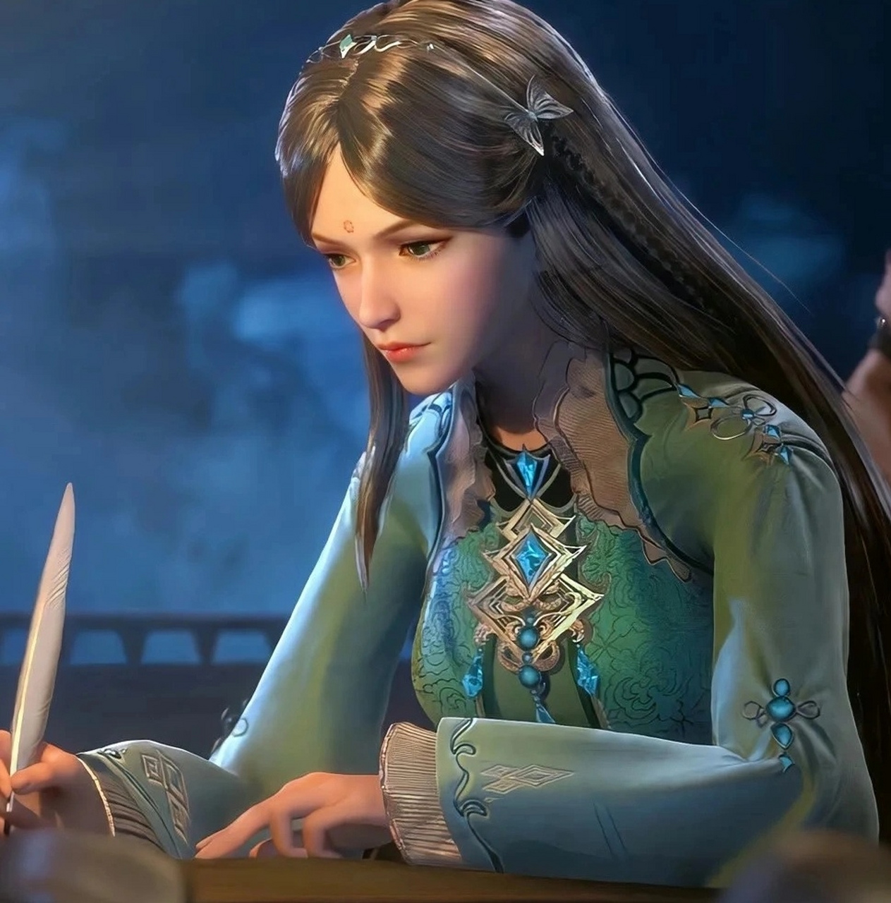 七宝琉璃宗小公主宁荣荣,棕色的秀发,蓝绿色的蓬蓬裙,翡翠绿的眼眸