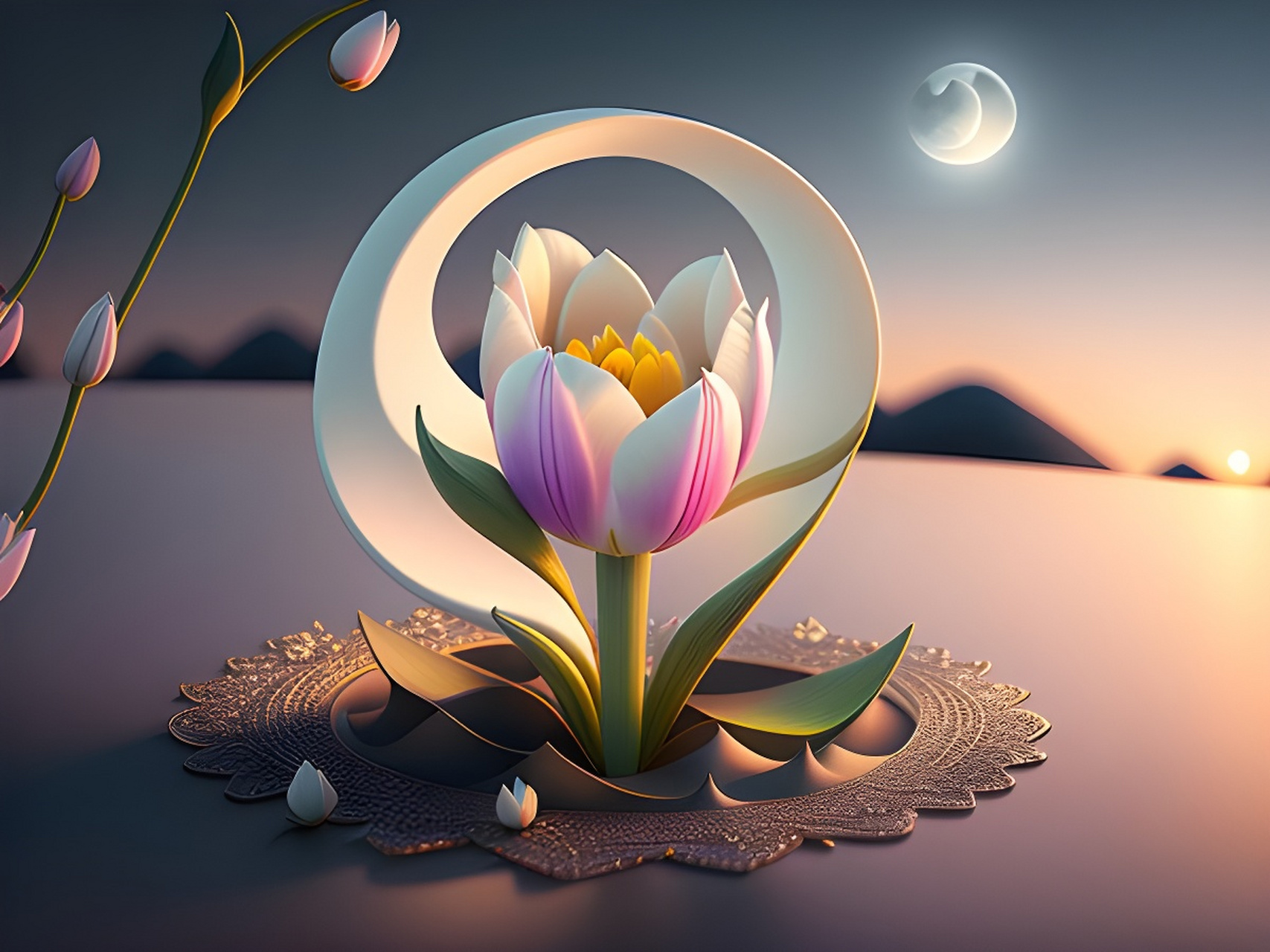 「花朵与月亮」壁纸[比心][比心] #植物# #二次元美图#  #百度ai绘图