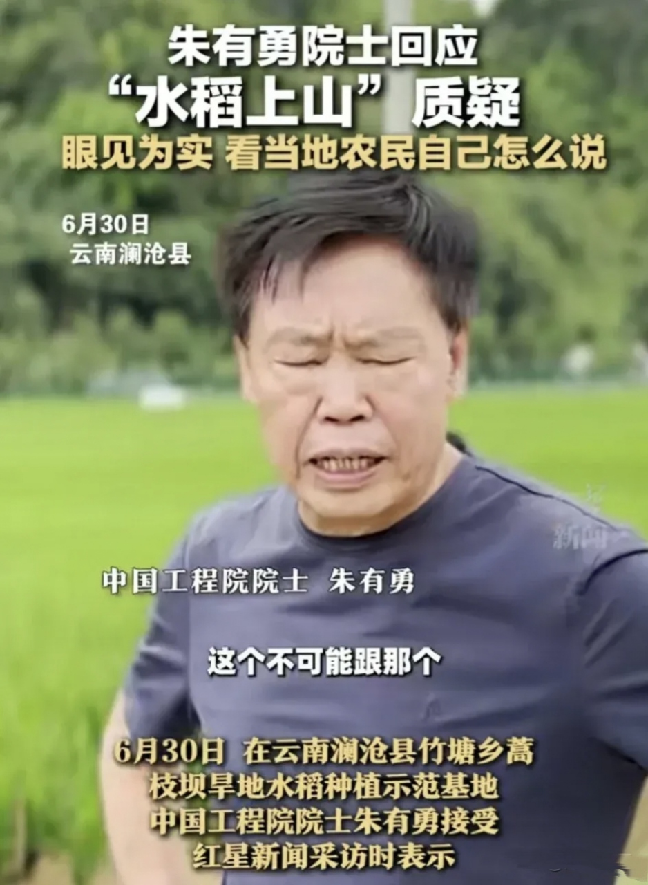 中国工程院院士朱有勇在接受采访时表示: 水稻上山饱受争议, 许多人