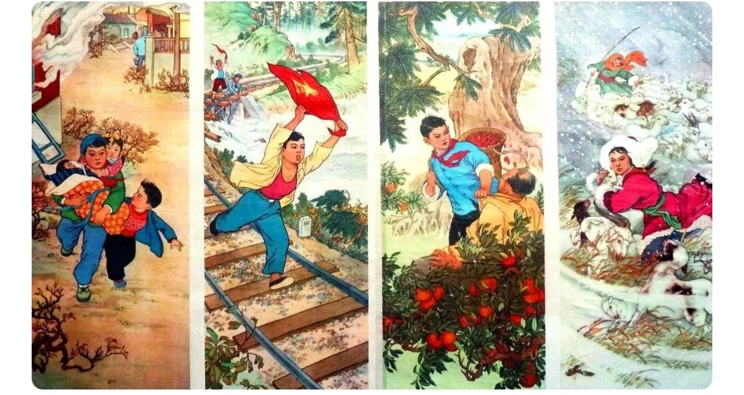 1965年出版的《红色少年屏》年画,作者是冯国琳,这