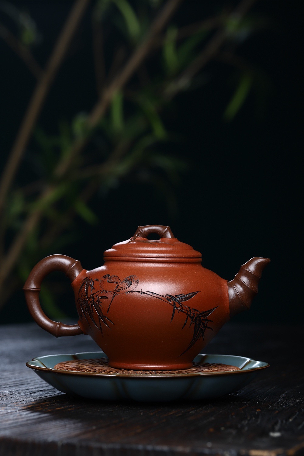 宜兴紫砂壶董梅萍全手工竹报春原矿红清水400cc