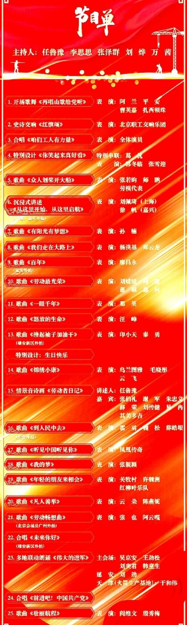 央视五一晚会节目单《中国梦·劳动美——永远跟党走 奋进新征程2021