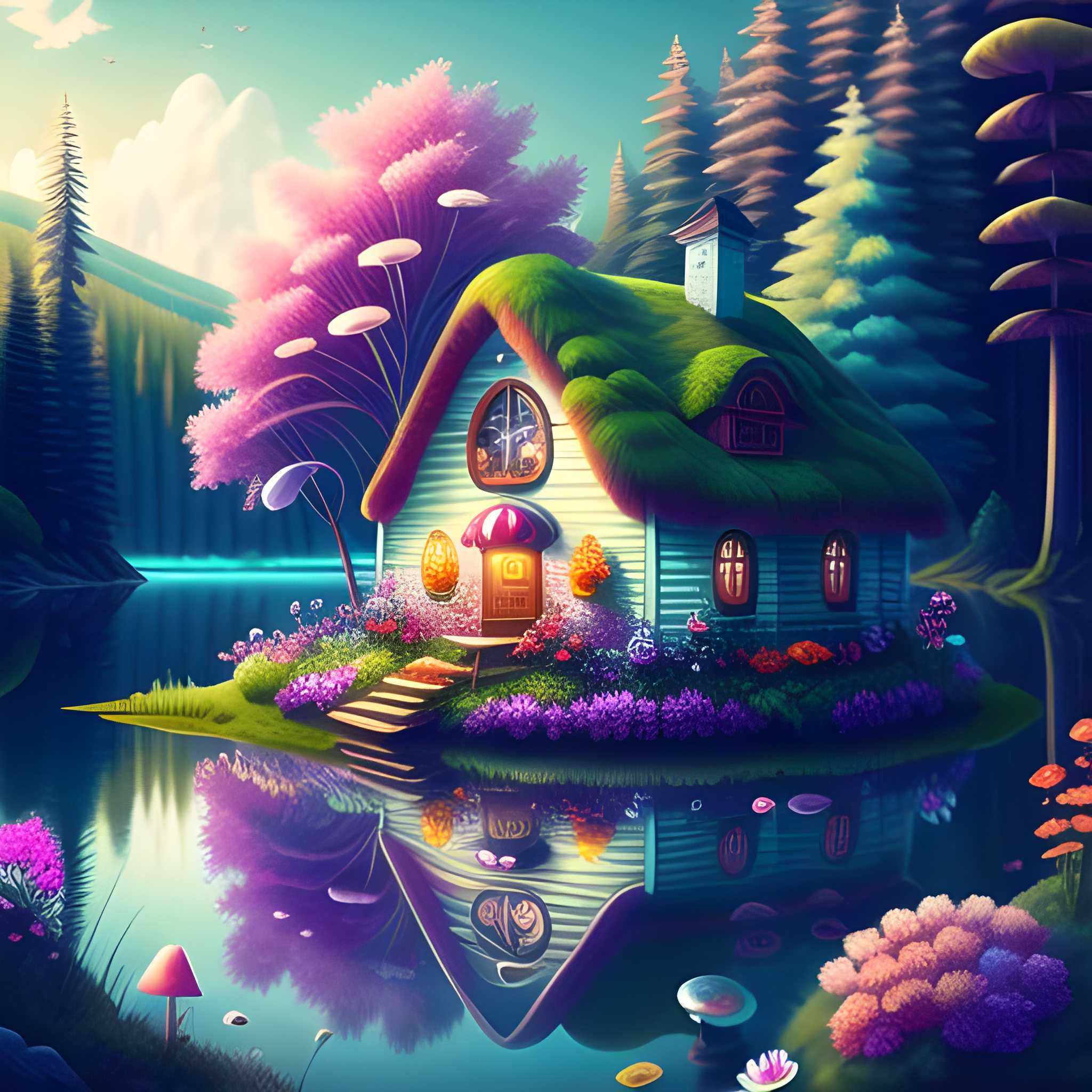 里面有几座小屋,是用一种神奇的彩色材料建造的,因此整个小屋看起来