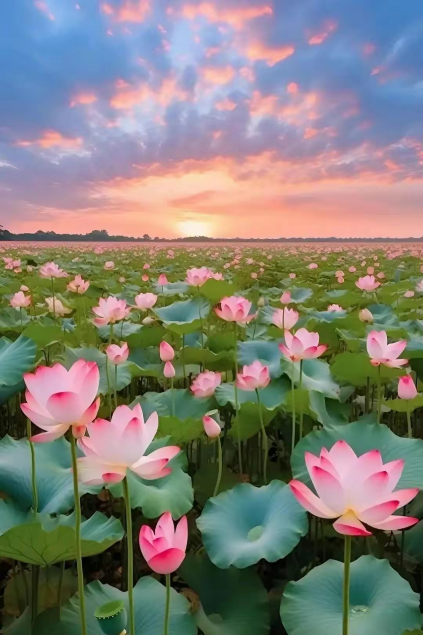 夏日清晨,一池荷花在晨光映照下,宛如一幅幅美丽的画卷.