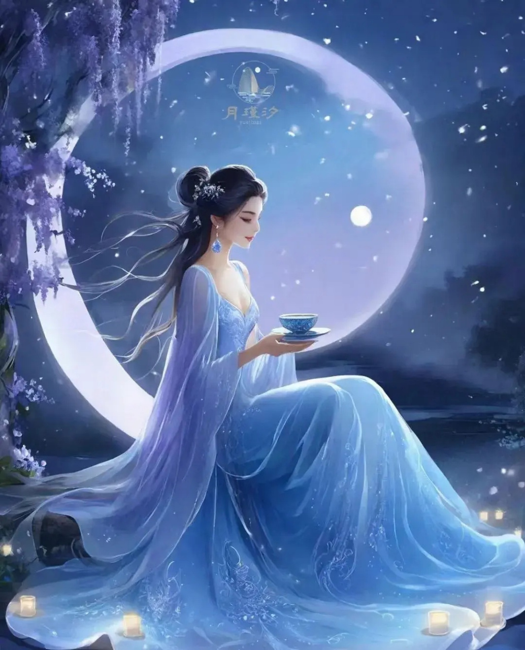 蓝色系古风插画分享,清冷美人