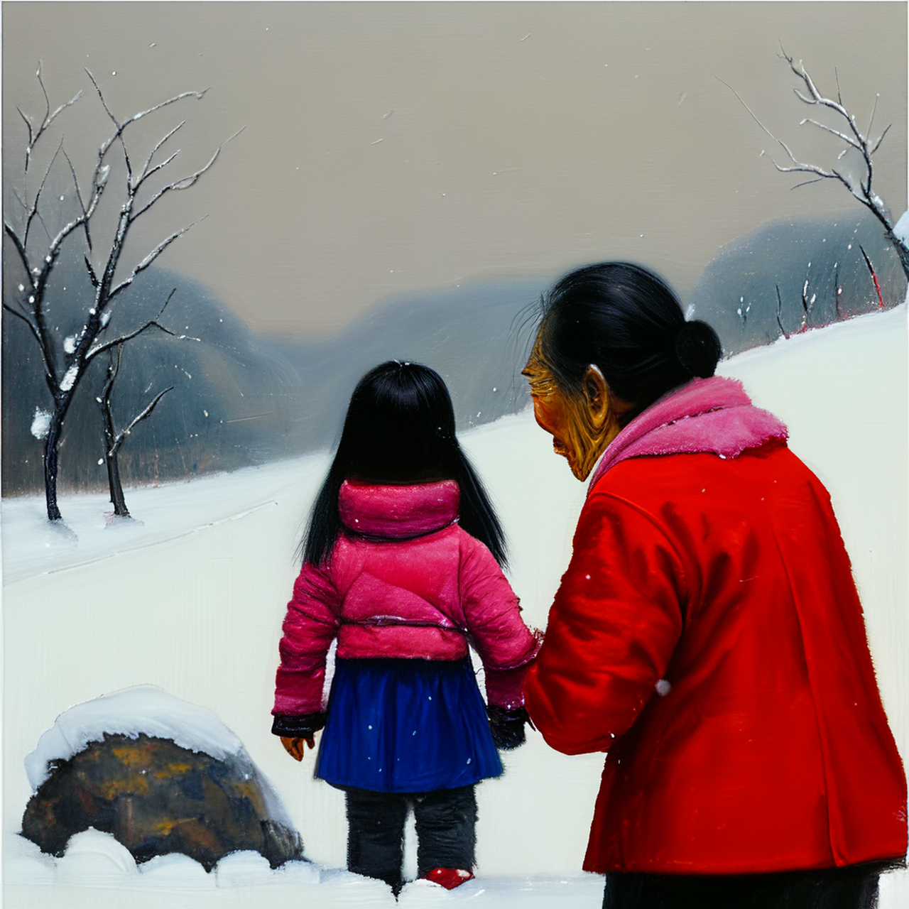 雪地里的一个10岁小女孩和80岁的奶奶,现代风油画