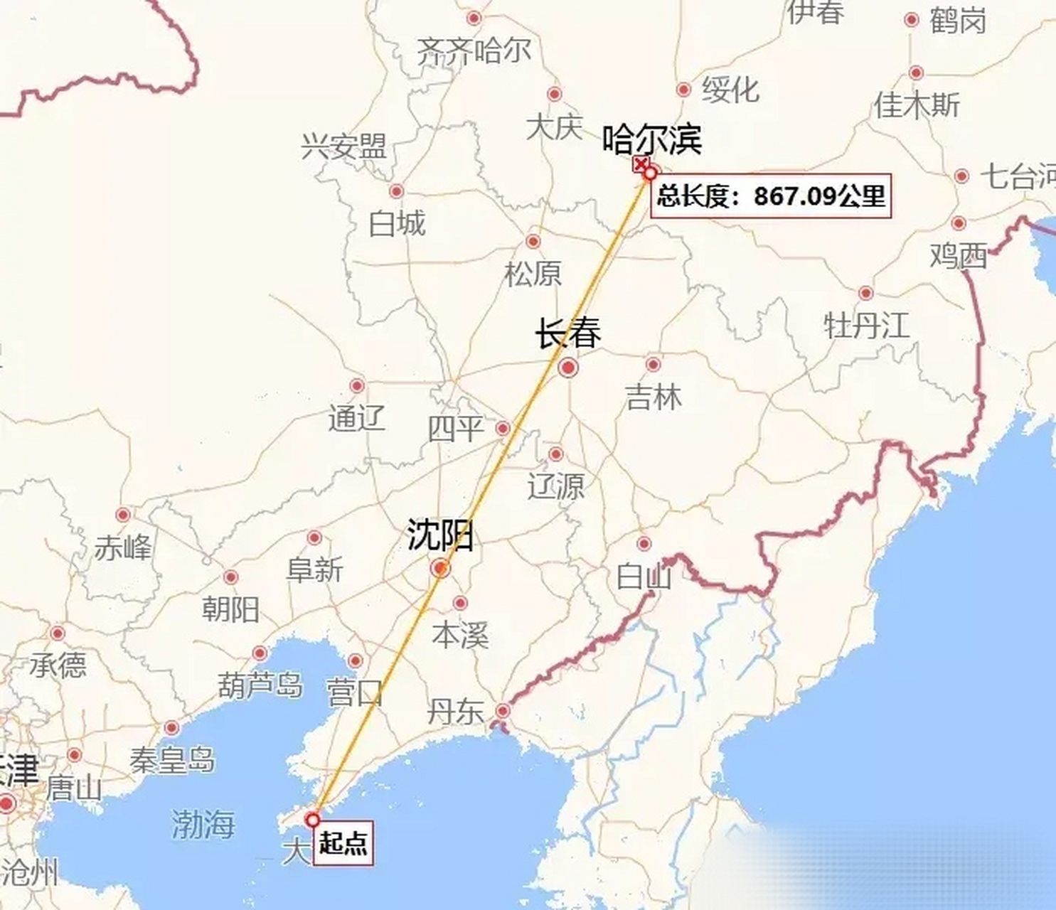 东北四大城市,沈阳,大连,哈尔滨,长春,居然在一条直线上.