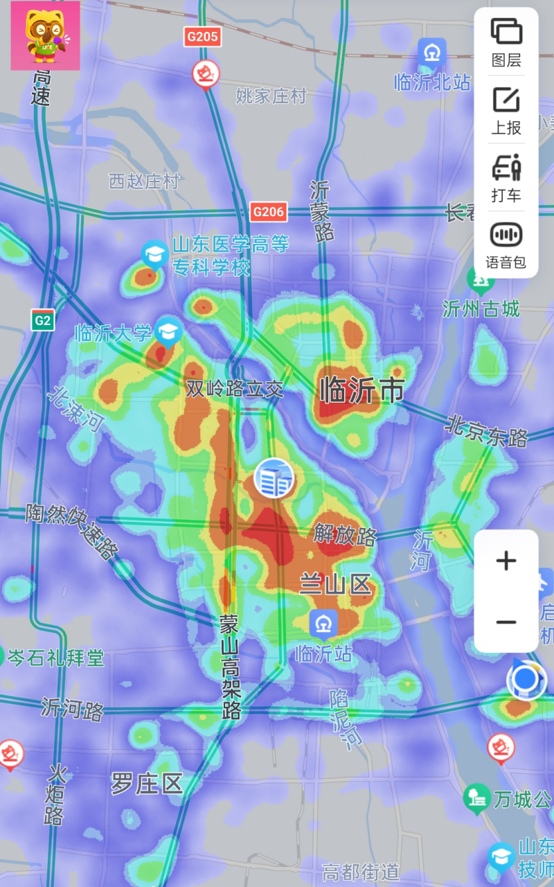临沂上午9点和晚上11点热力图对比,上午北城新区人都集中在北京路附近