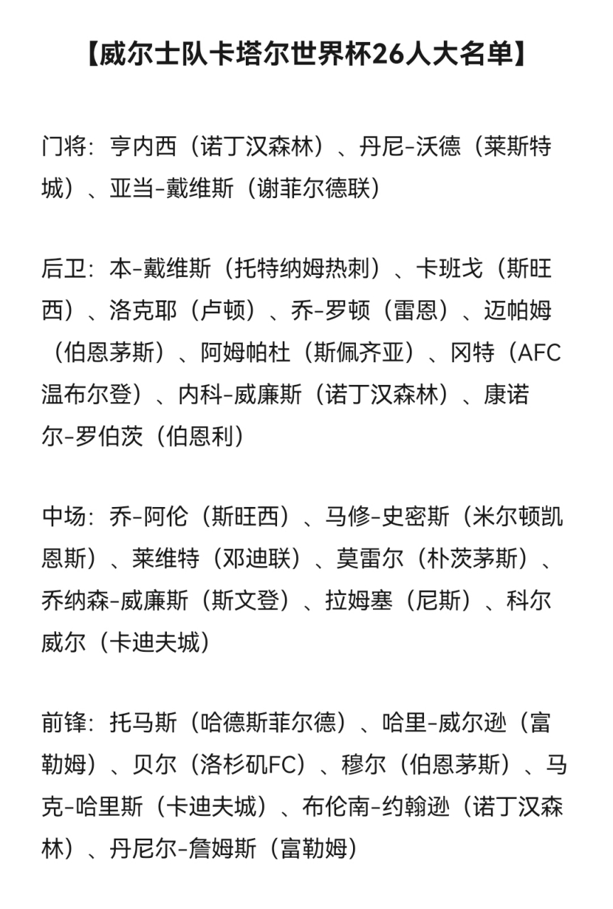 威尔士队公布世界杯名单,由"大圣"贝尔领衔