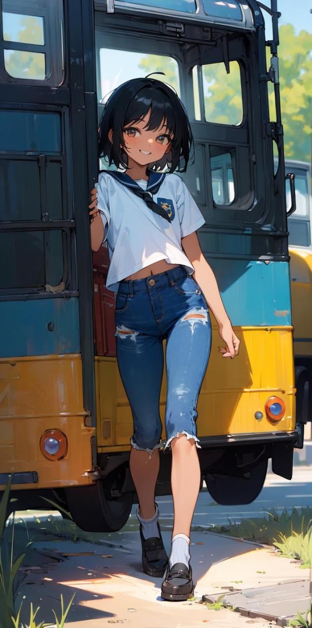 二次元# 可爱的黑皮少女,不过水手服加上牛仔裤,这种搭配还挺新奇的