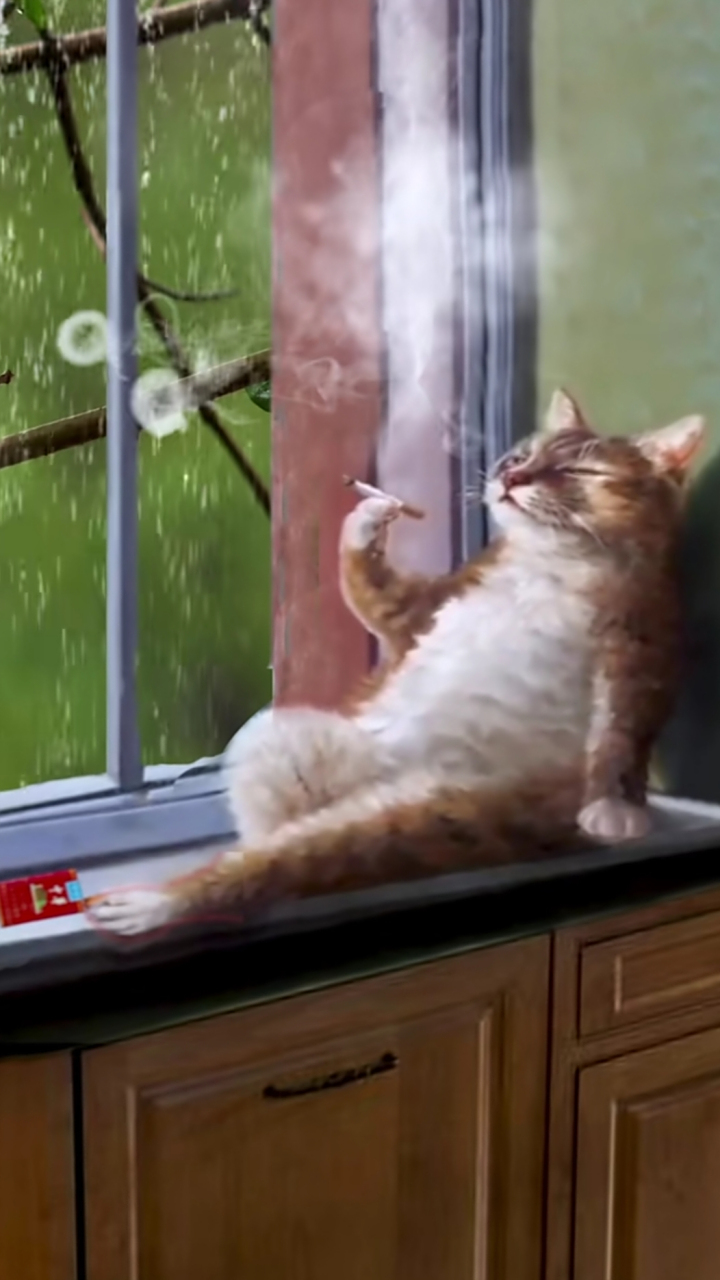 下雨了,猫不停的吸烟,谁能猜得出,它到底在想啥?