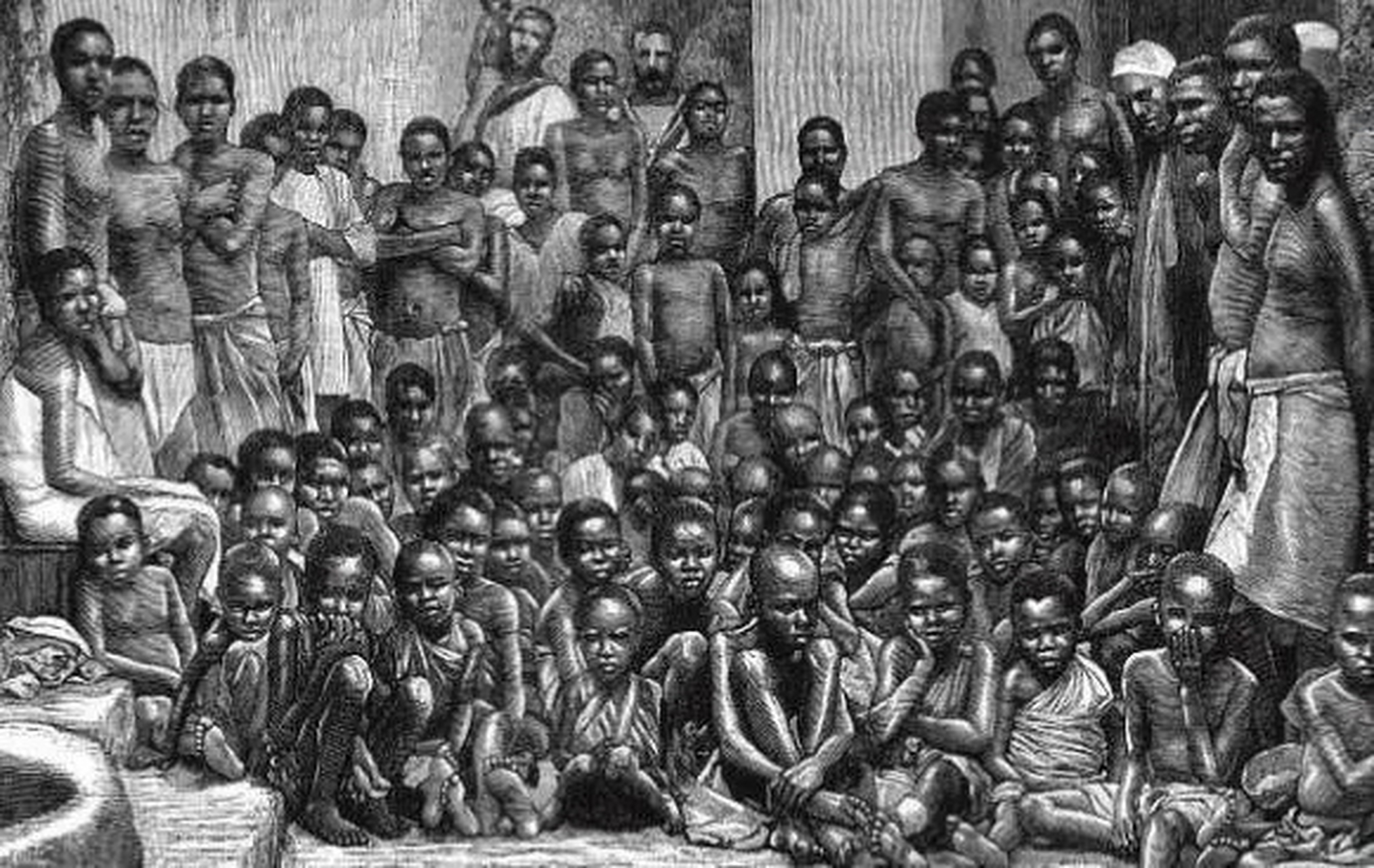 十六世纪末,欧洲人开始从非洲贩卖黑奴,将他们裸体关在船舱里,并且