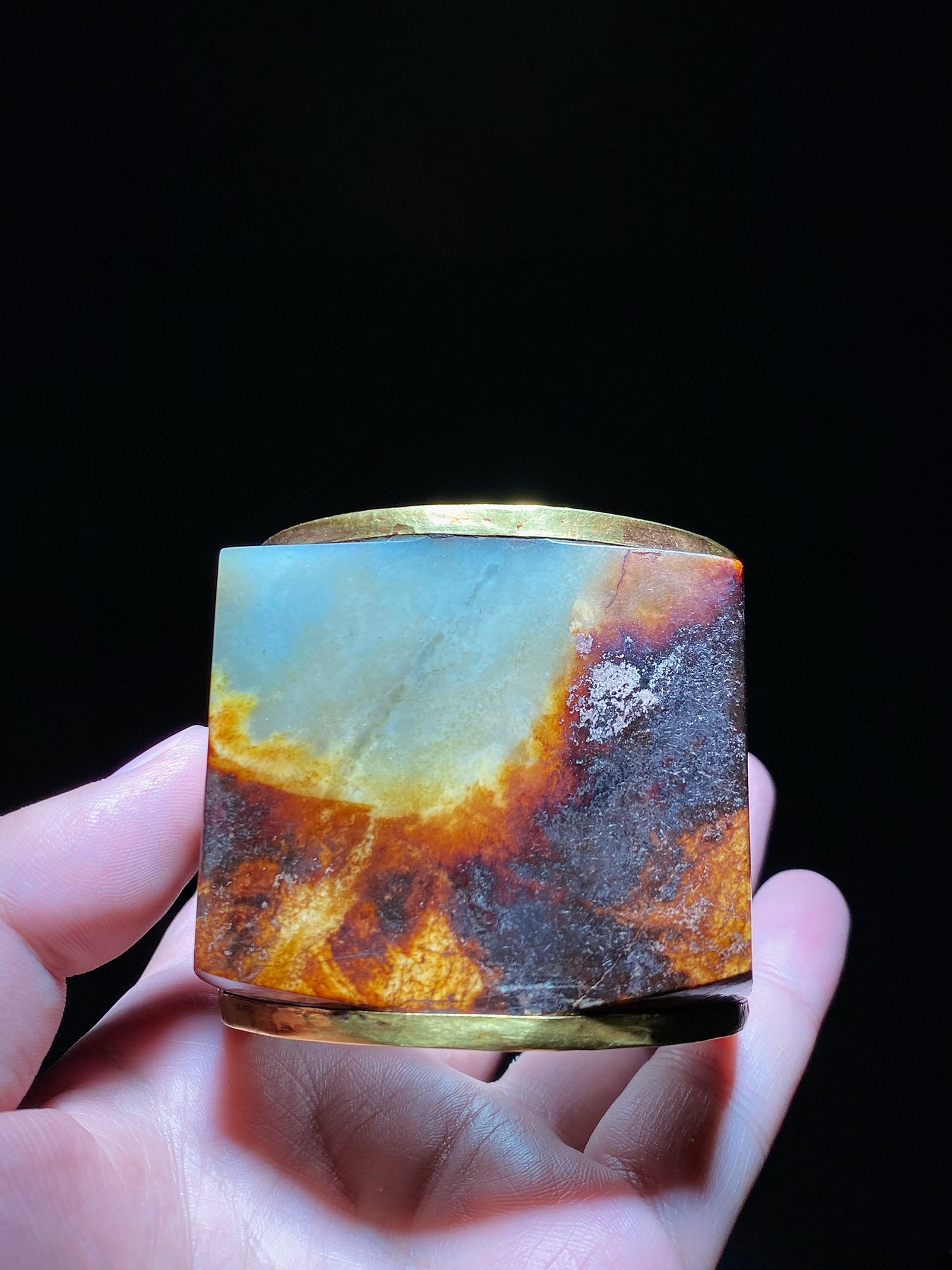 宋 和田玉籽料沁色 包金 玉琮 摆件 把件