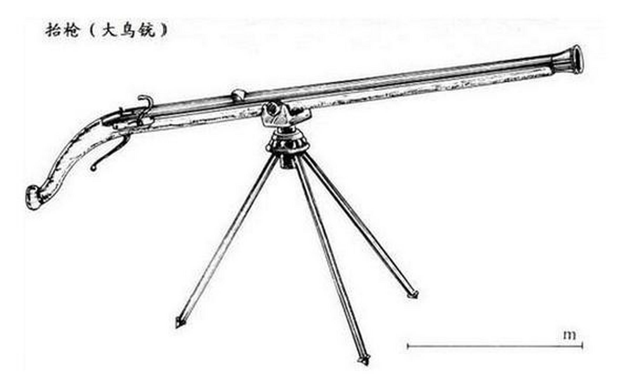 明代火器·抬枪  大型鸟枪,带有三角支架和旋转装置,长3米,重12公斤
