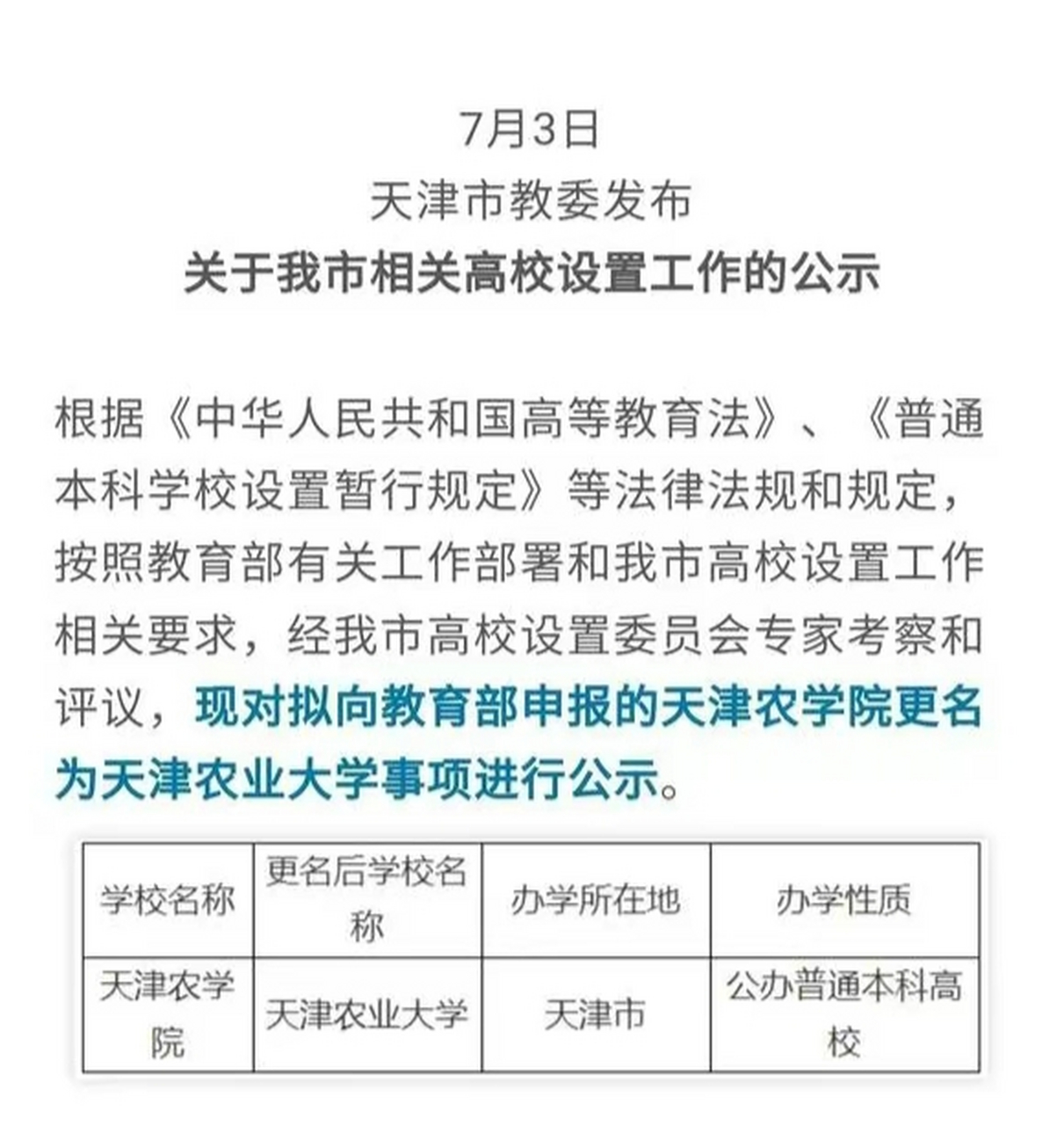 高校设置工作的公示》,拟向教育部申报天津农学院更名为天津农业大学