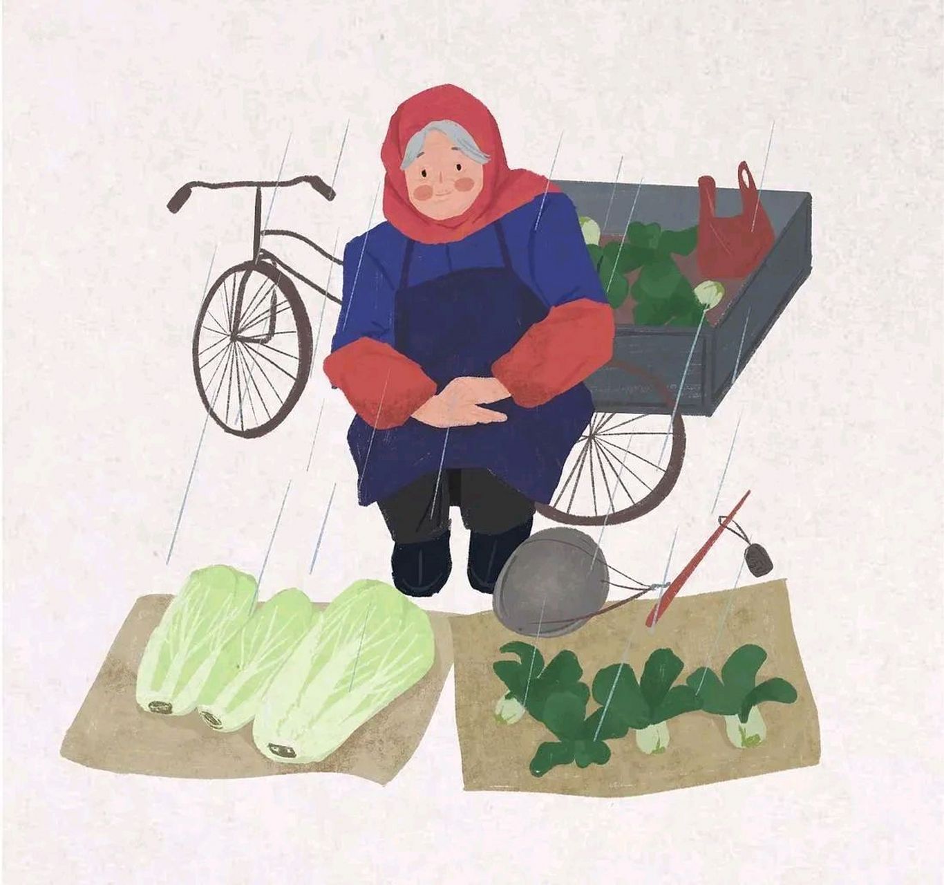 小区门口有个卖菜的老婆婆,一副朴实的样貌,塑料纸上摆着几样蔬菜,逢