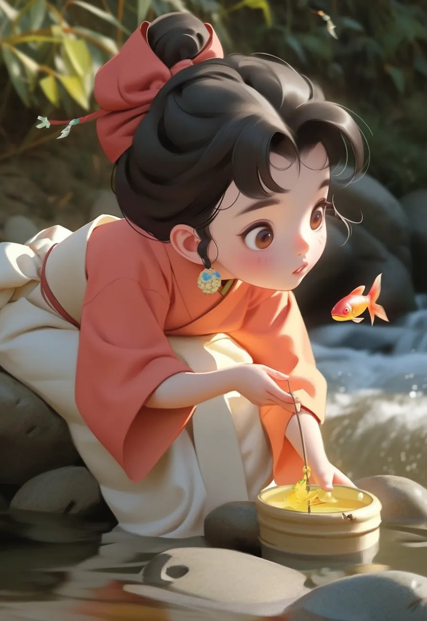 古风汉服溪涧戏鱼小女孩壁纸