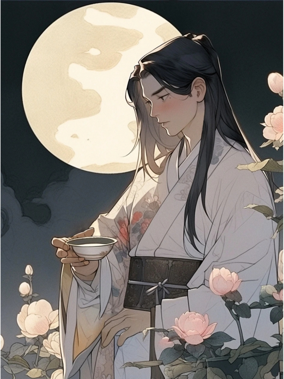 古风男子月下独酌:举杯邀明月,对影成三人.