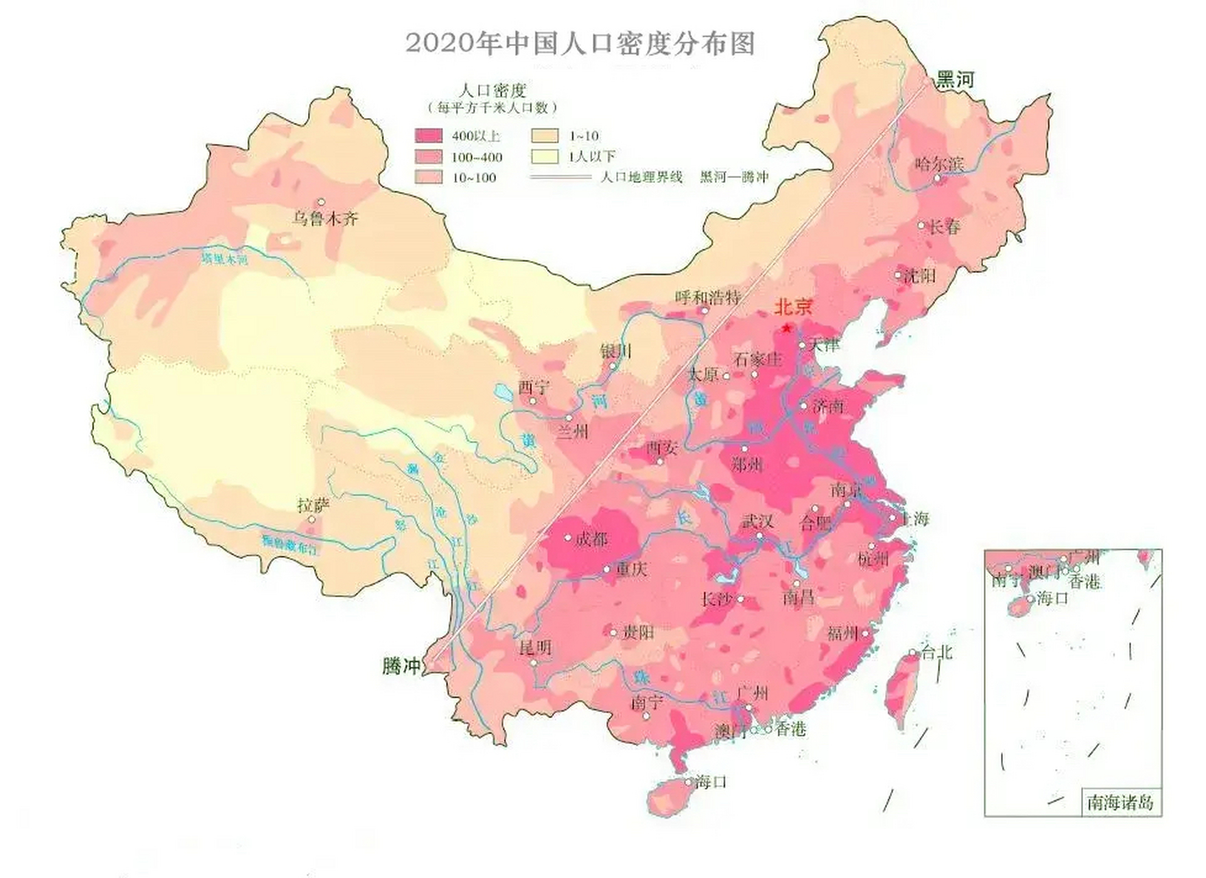 2020年中国人口密度分布图 人口主要集中在华北平原,长江中下游以及