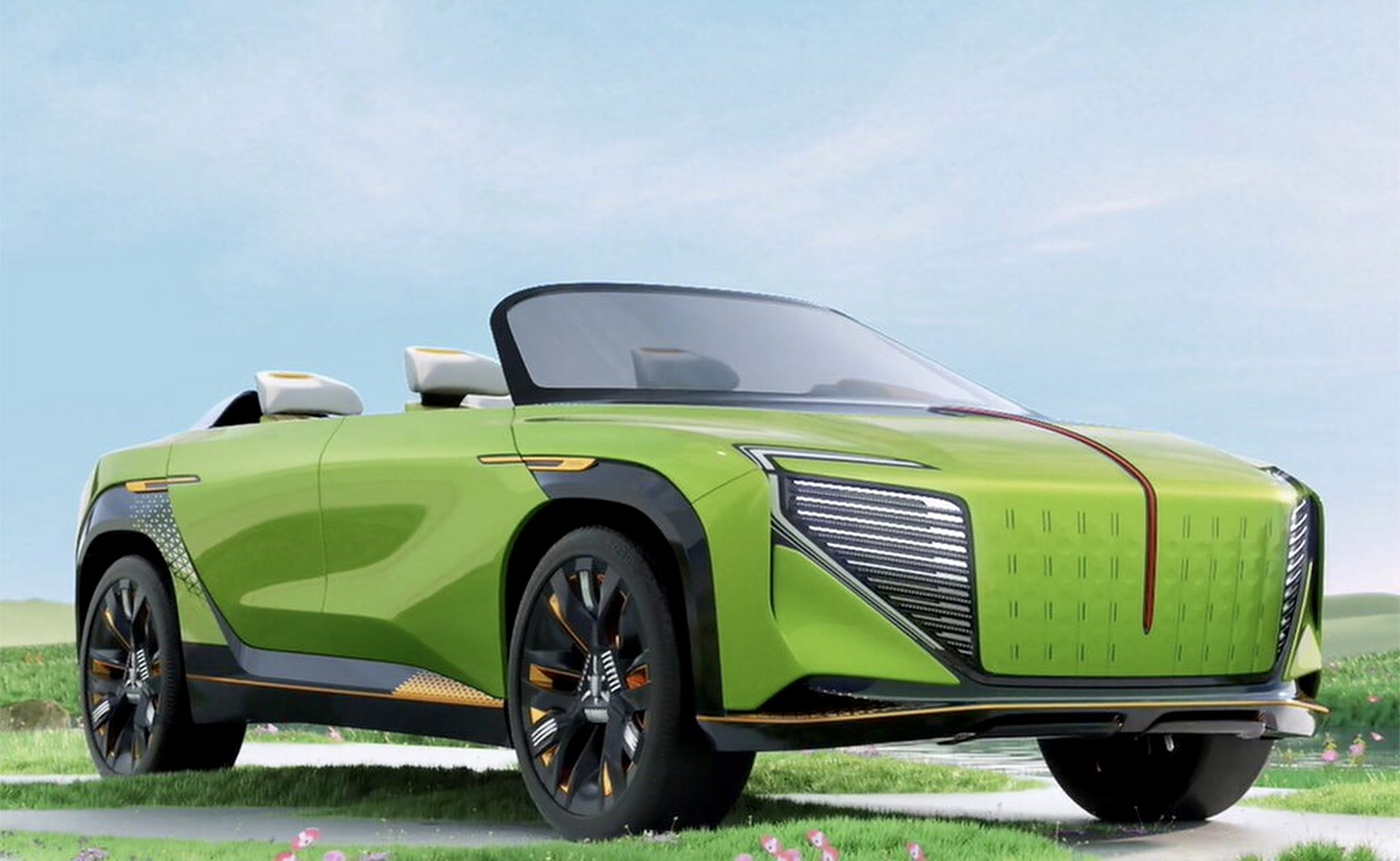 红旗敞篷车,荧光绿显得是那么的俏皮可爱!