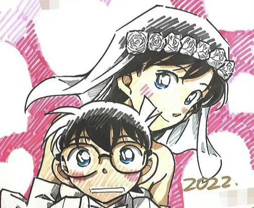 名侦探柯南:青山刚昌最新原画,穿婚纱的新娘小兰,抱新郎柯南