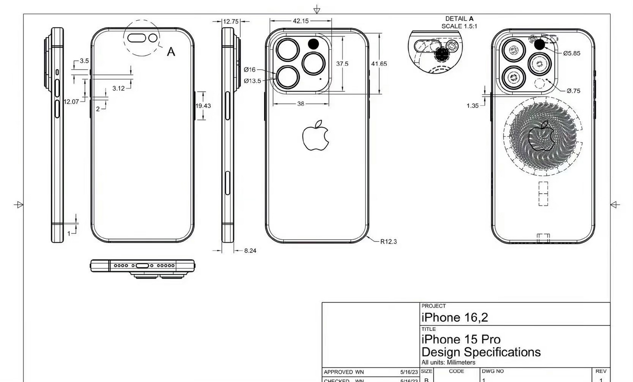 网传的iphone 15 pro 外部尺寸图～ 感觉变化不大,大家觉得呢?
