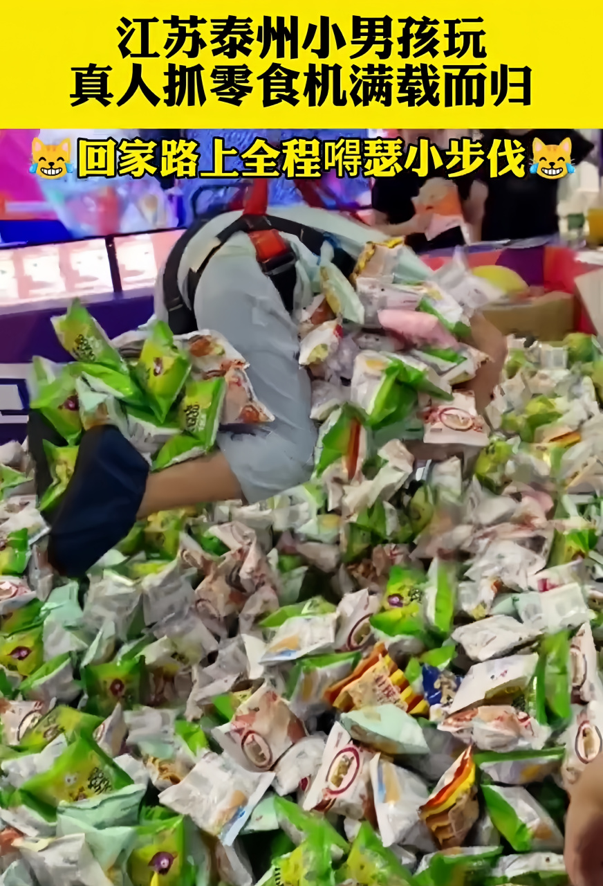 江苏泰州小男孩玩真人抓零食机满载而归,回家路上全程走出嘚瑟的步伐