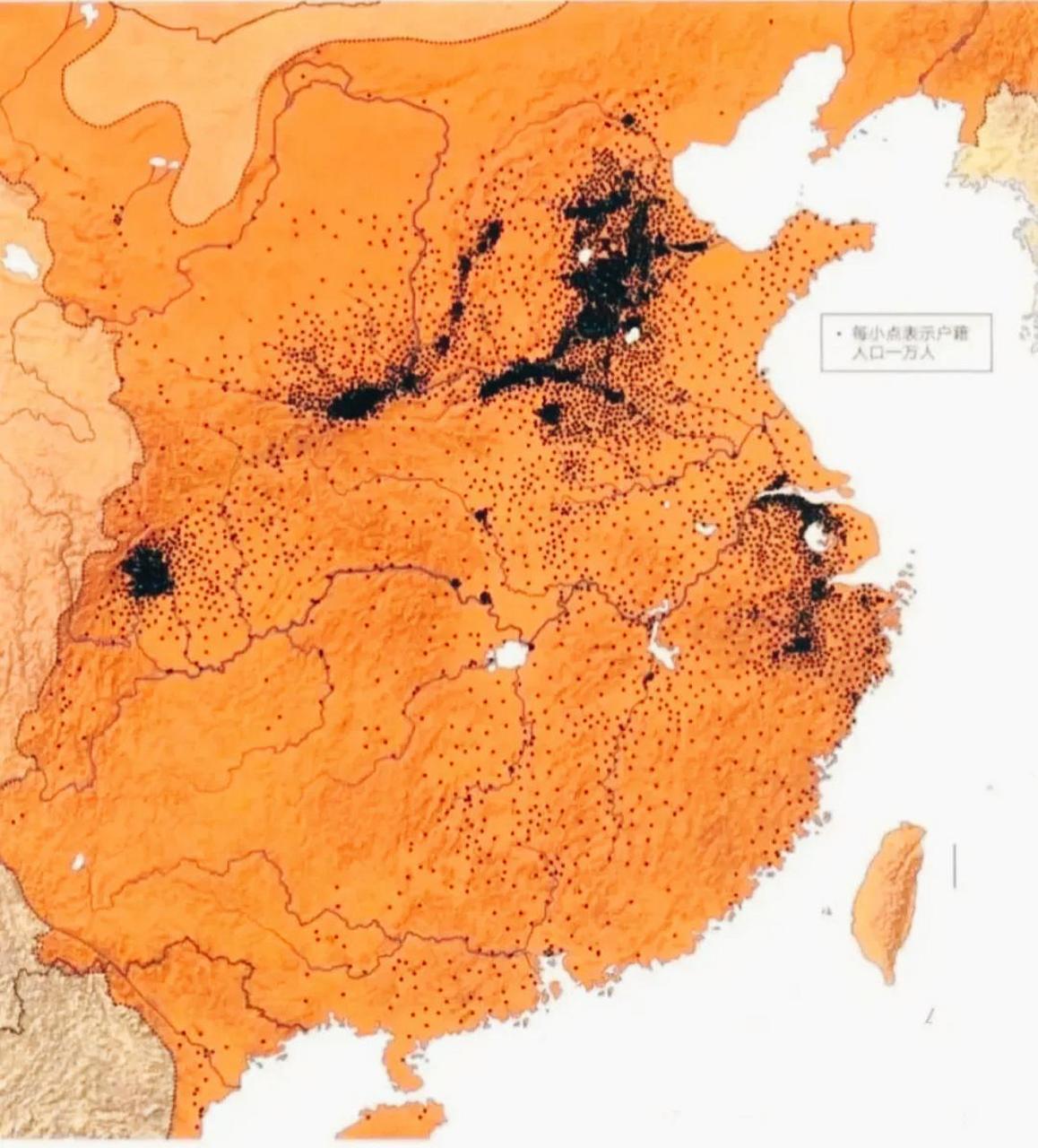 唐朝天宝年间人口分布图  人口主要分布在华北平原,成都平原,关中平原