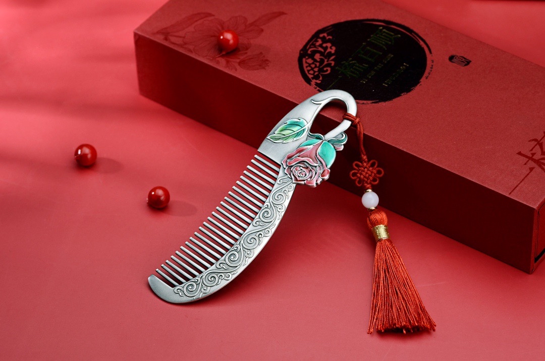新款纯银s999玫瑰花头梳女士专用银梳子母亲节礼物送爱人送妈妈