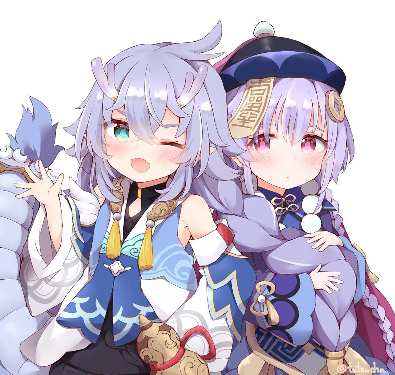 拉上白露一起问甘雨要椰奶喝的七七[暗中观察]#原神# 画师:tutsucha