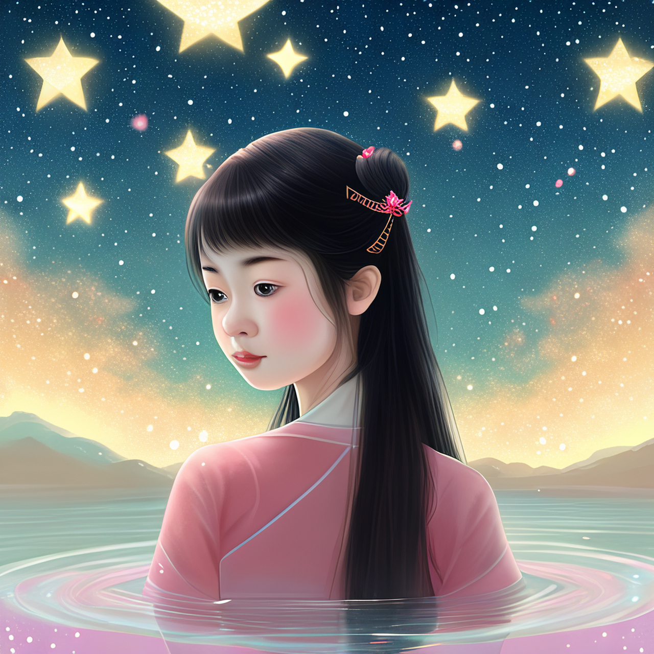 用百度黑科技制作的图片,春水,繁星,少女,真是美轮美奂.