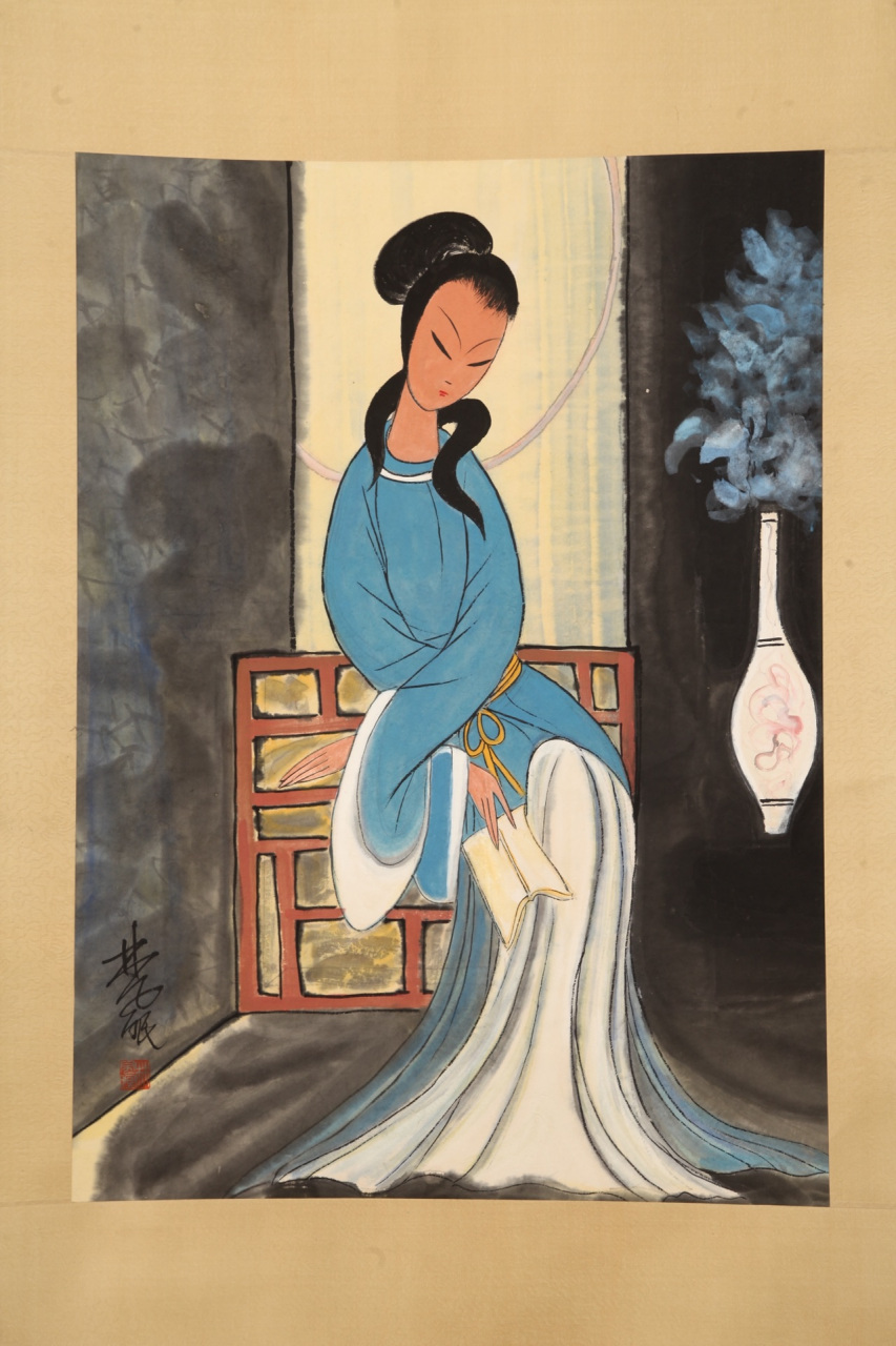 林凤眠人物图#为2023高考加油#   图绘一女子执卷而坐,水墨写意,情致