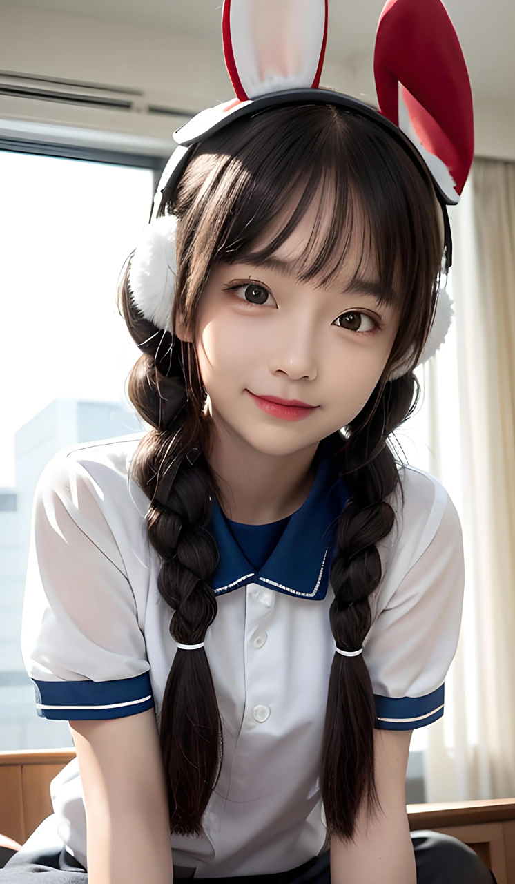 带兔子耳机的少女,单纯秀气,活泼可爱.#美女