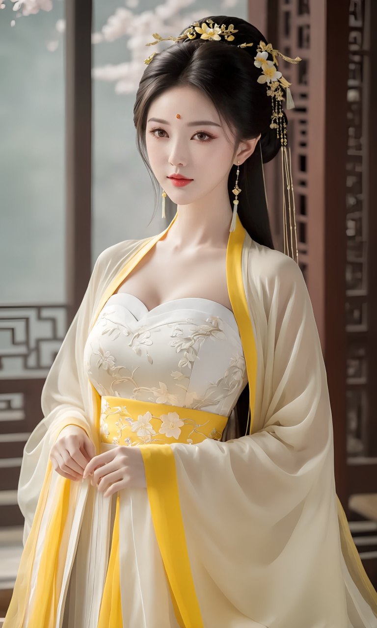 美女身穿黄色古装,展现出一种别样的美感.