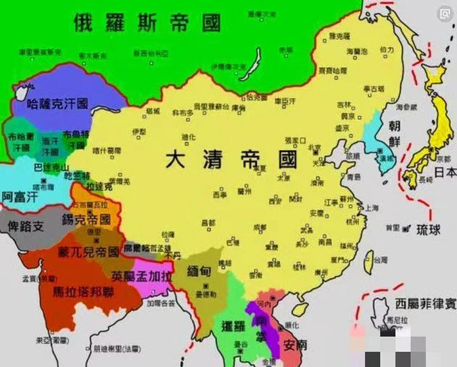 这是清朝巅峰时期的地图,和现在的疆域图对比就可以看出,冷兵器时代