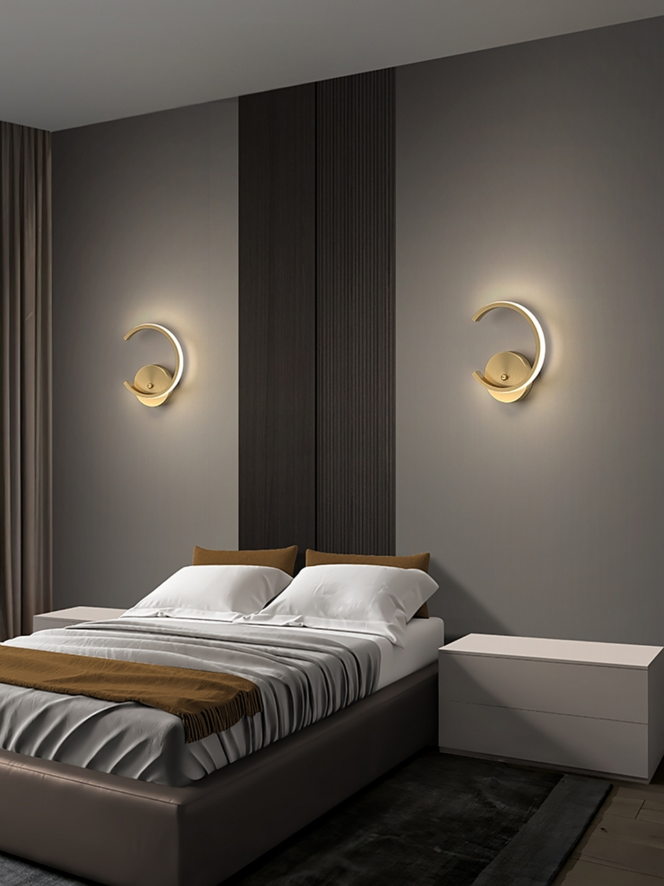 圆月型床头壁灯,营造一个温馨的卧室