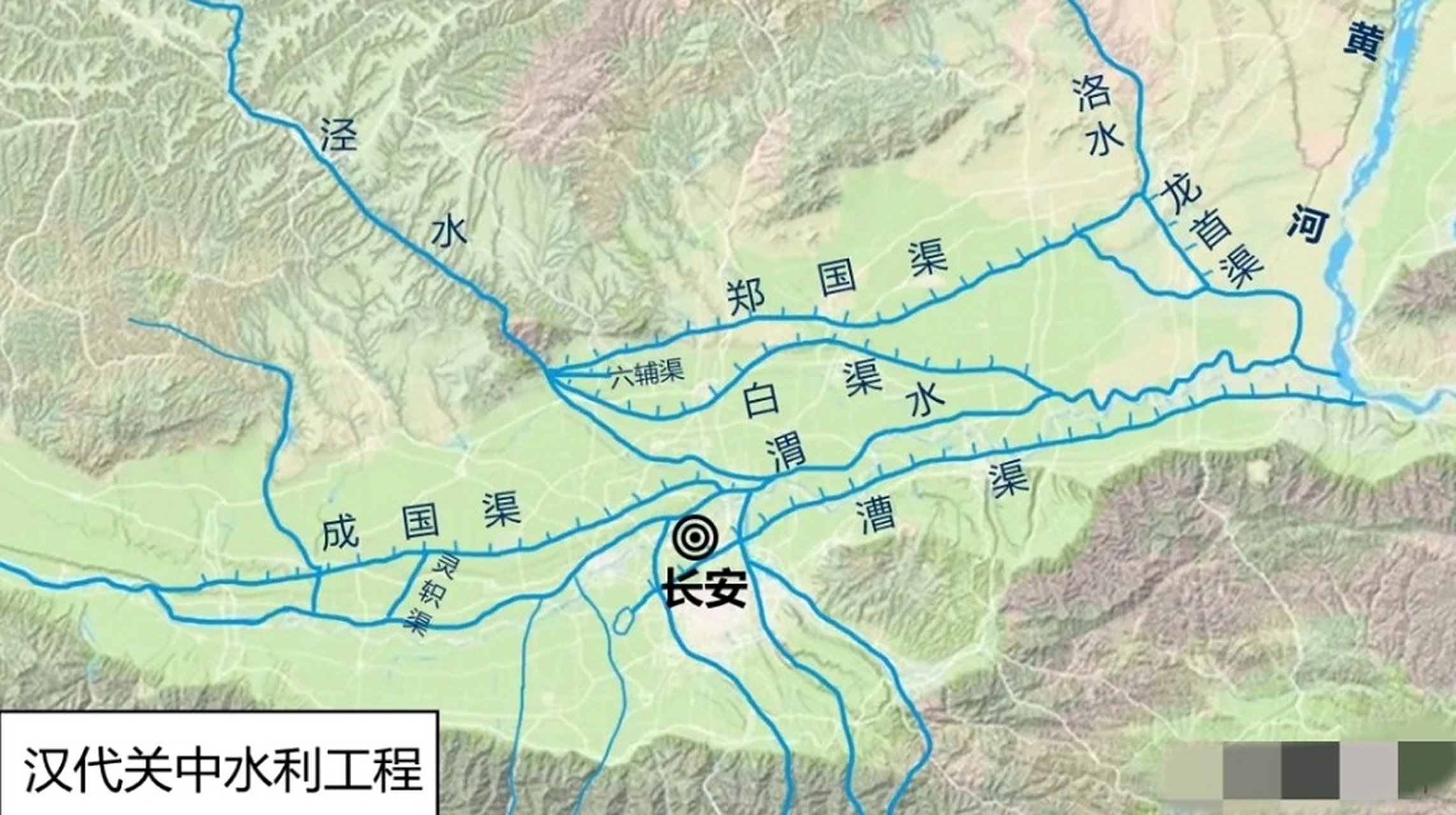 漕渠,白渠,成国渠,龙首渠,灵积渠与之前的郑国渠以及天然河流渭水,泾
