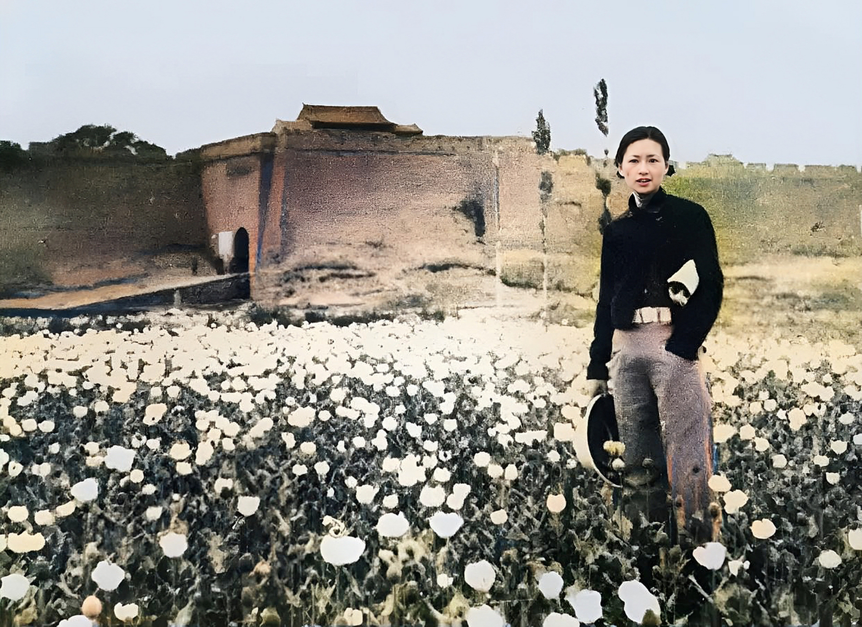 1936年,陕西耀县,林徽因站在古城墙下和花朵合影.