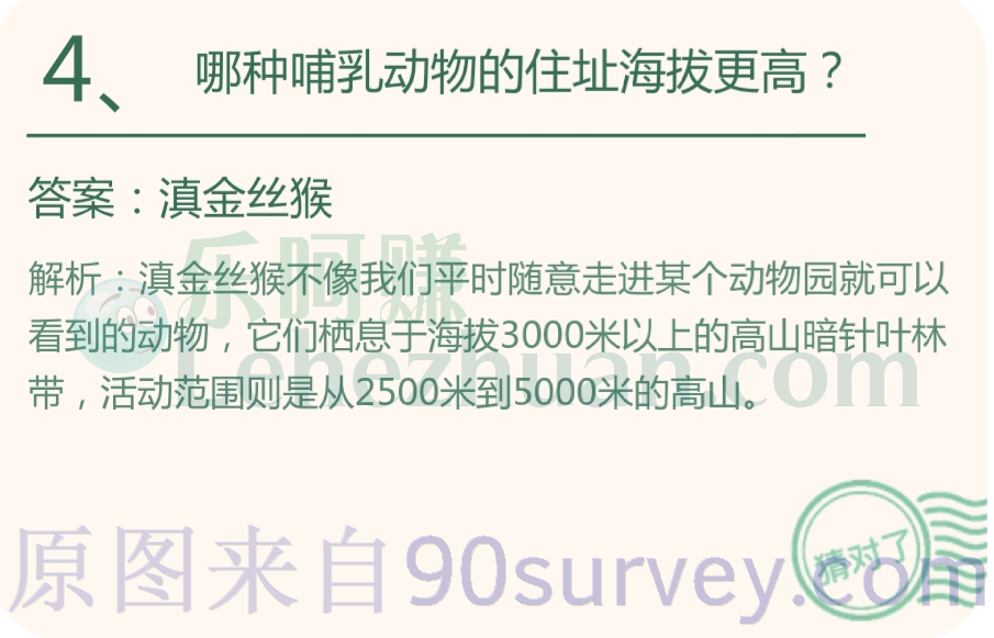 哪种哺乳动物的住址海拔更高?答案:滇金丝猴 哪种哺乳动物的住址海拔更高?答案:滇金丝猴