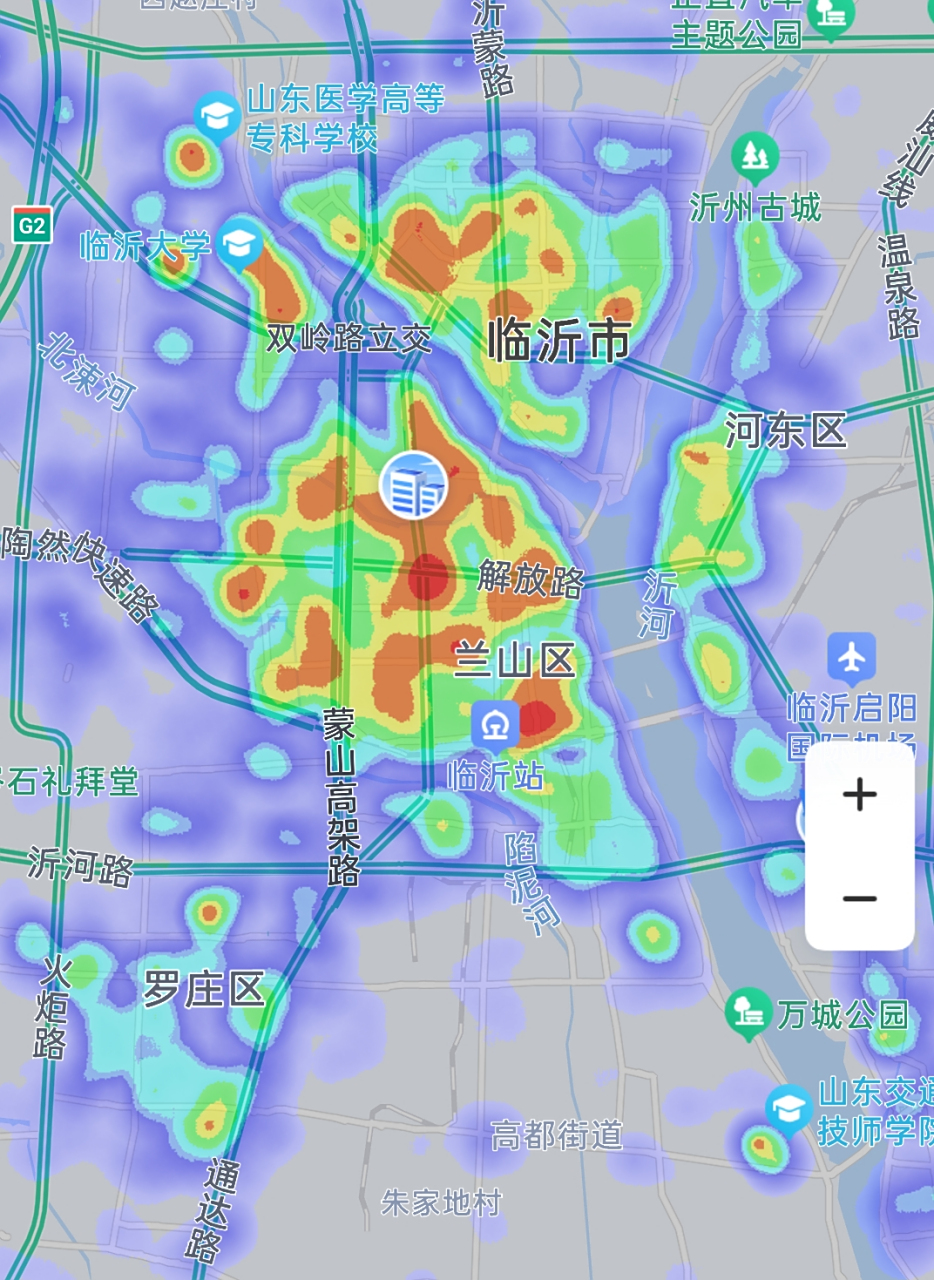 晚上11点临沂的热力图显示,人们主要居住在老城区,尤其是南坊区.