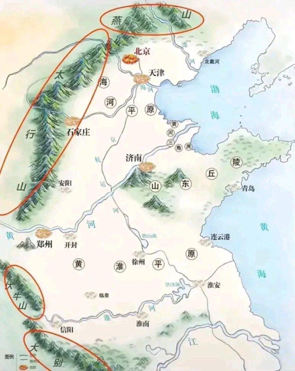 从地形图上看,整个华北平原都是一大片平原,无险可守,只有在徐州有