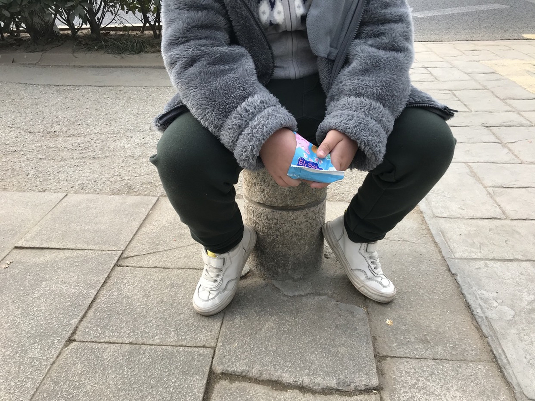 星期三中午放学,回家的路上坐在石墩上吃一包小饼干.