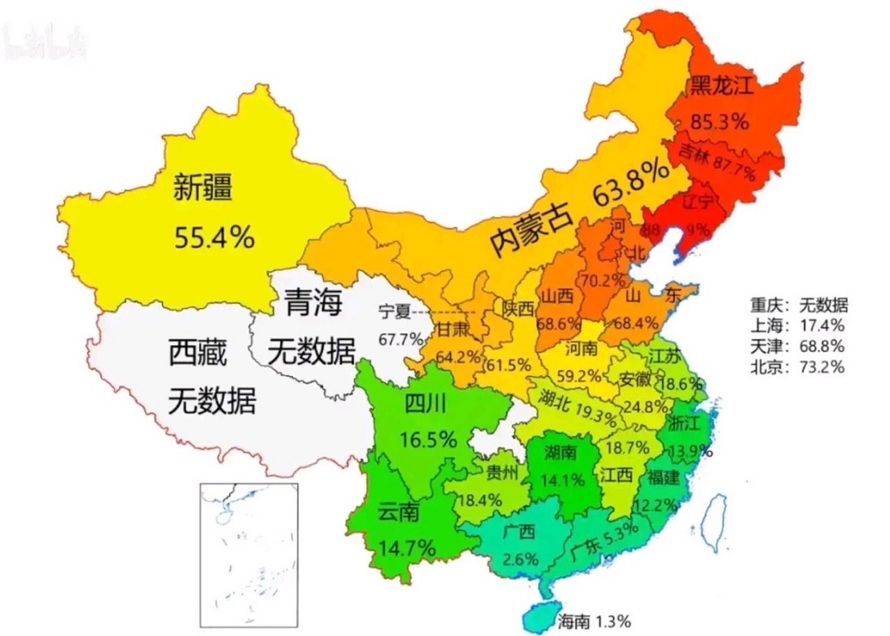 牛年央视春晚的全国各地收视率分布图,北方各省的确还是收视主力,越往